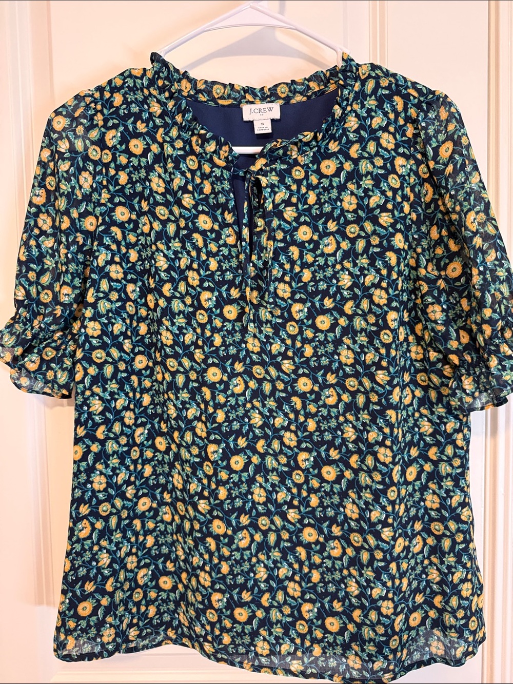 J. Crew Navy Floral Tie-Front Blouse
